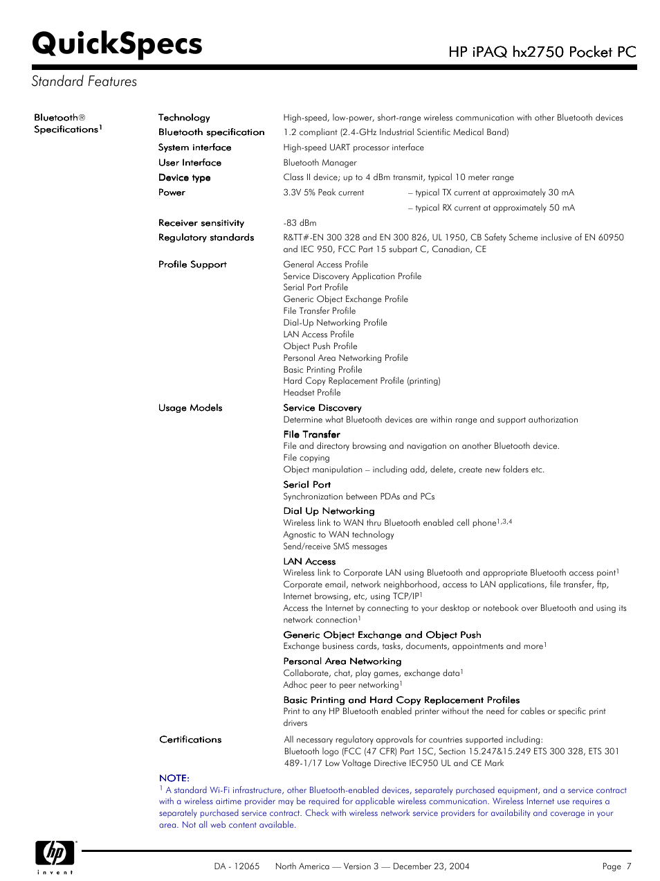 Quickspecs, Hp ipaq hx2750 pocket pc, Hp ipaq hx2750 pocket pc standard features | HP IPAQ HX2750 User Manual | Page 7 / 9