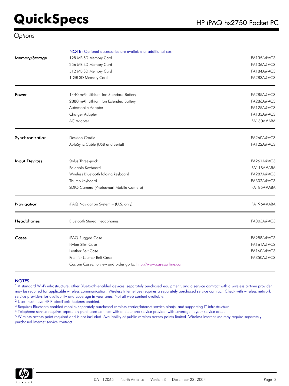 Options, Quickspecs, Hp ipaq hx2750 pocket pc | Hp ipaq hx2750 pocket pc options | HP IPAQ HX2750 User Manual | Page 8 / 9