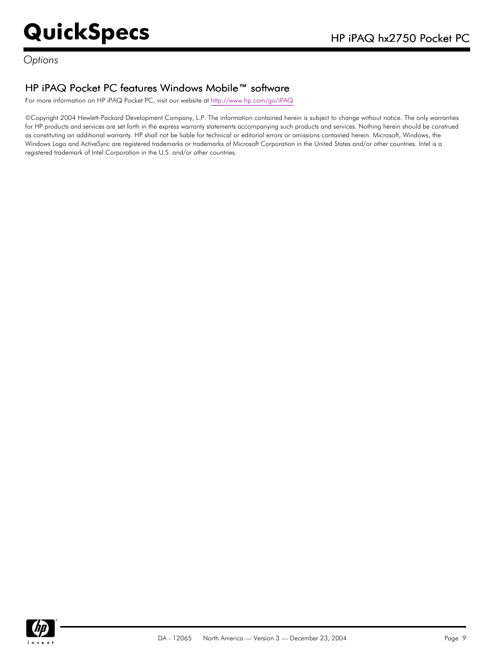 Quickspecs | HP IPAQ HX2750 User Manual | Page 9 / 9