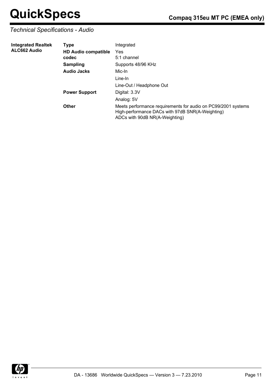 Technical specifications - audio, Quickspecs | HP 315EU User Manual | Page 11 / 20