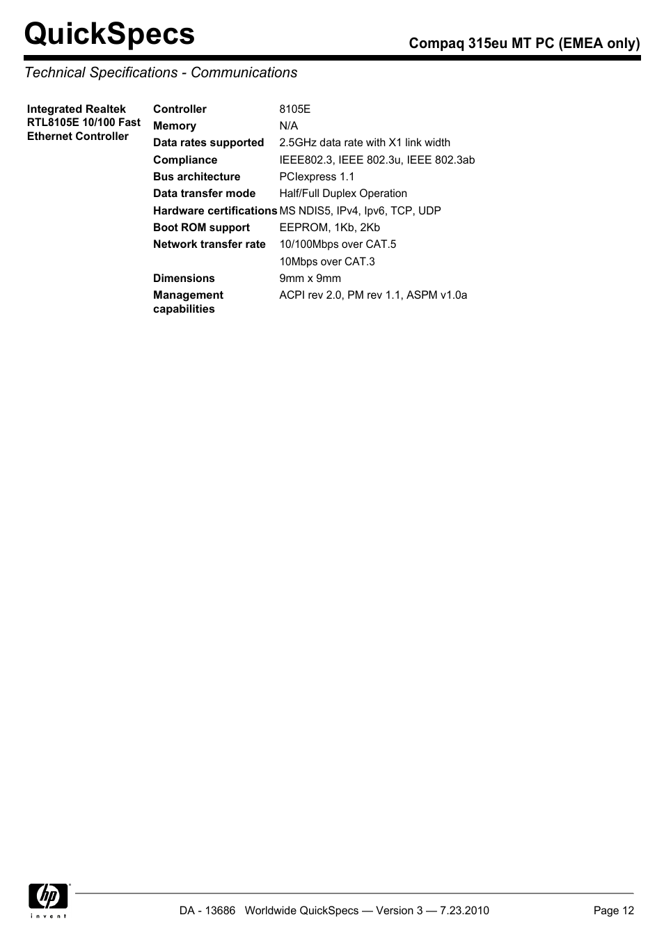 Technical specifications - communications, Quickspecs | HP 315EU User Manual | Page 12 / 20