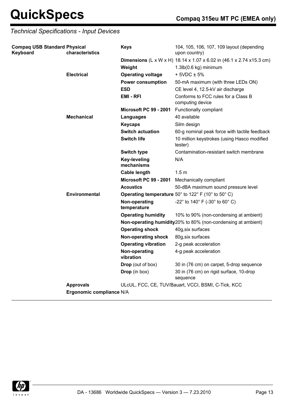 Technical specifications - input devices, Quickspecs | HP 315EU User Manual | Page 13 / 20