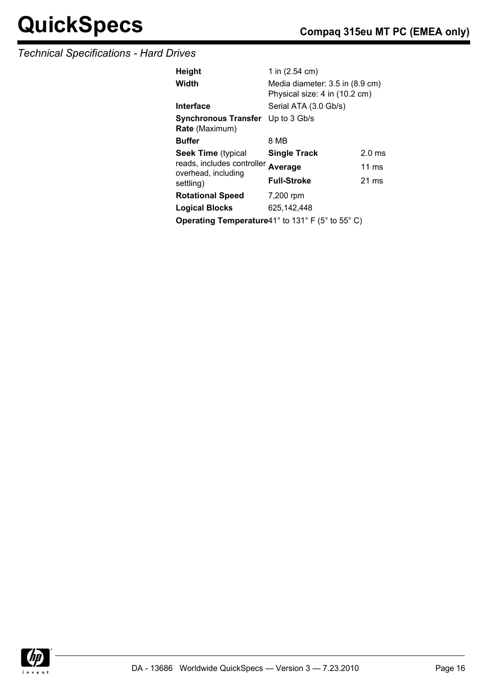 Quickspecs | HP 315EU User Manual | Page 16 / 20