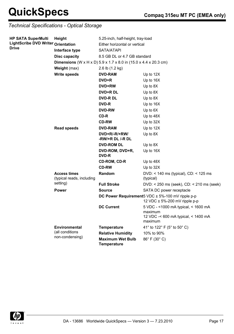 Technical specifications - optical storage, Quickspecs | HP 315EU User Manual | Page 17 / 20