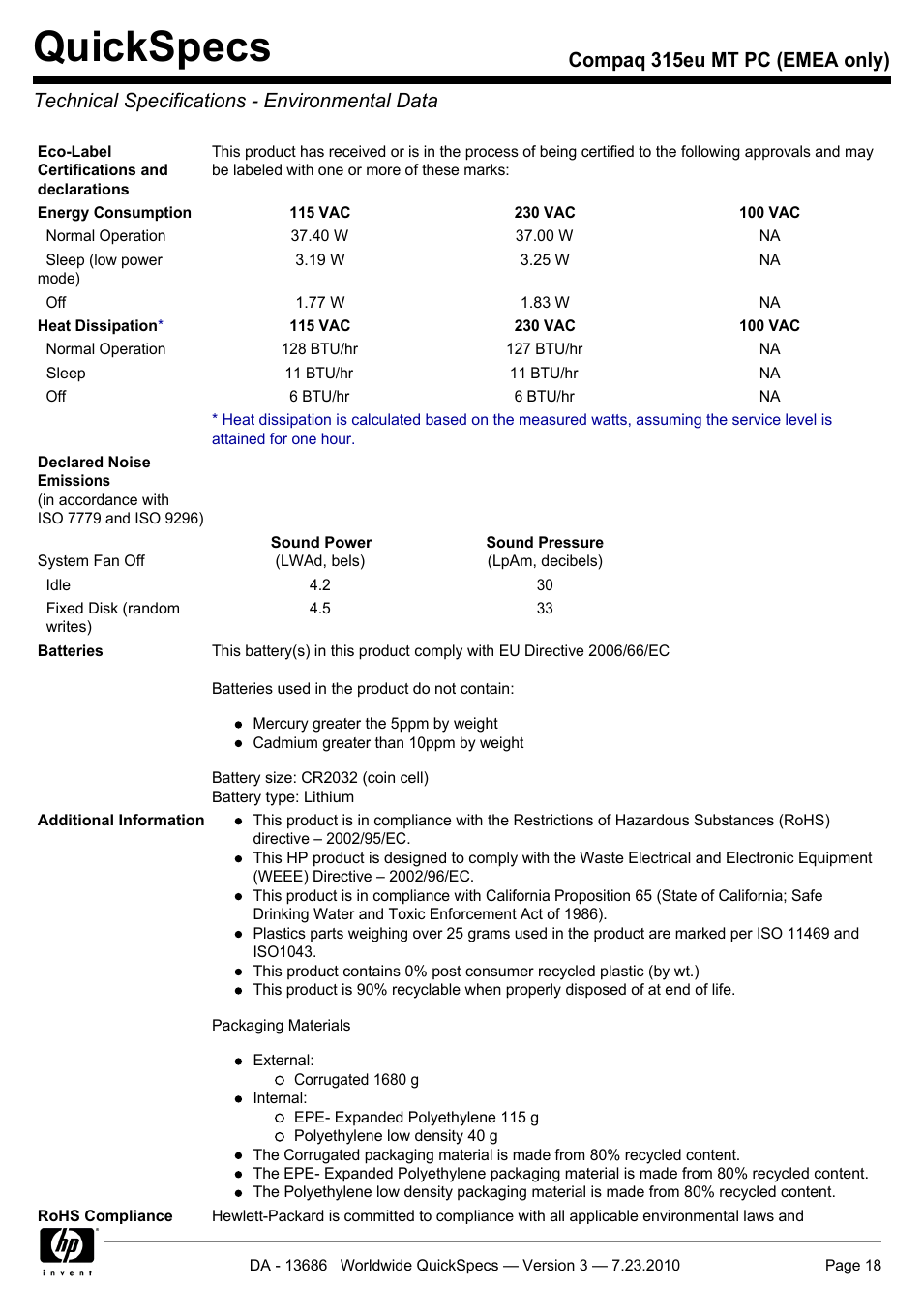 Technical specifications - environmental data, Quickspecs | HP 315EU User Manual | Page 18 / 20