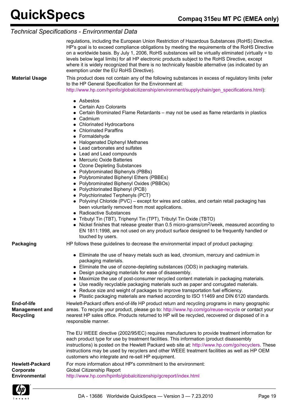 Quickspecs | HP 315EU User Manual | Page 19 / 20