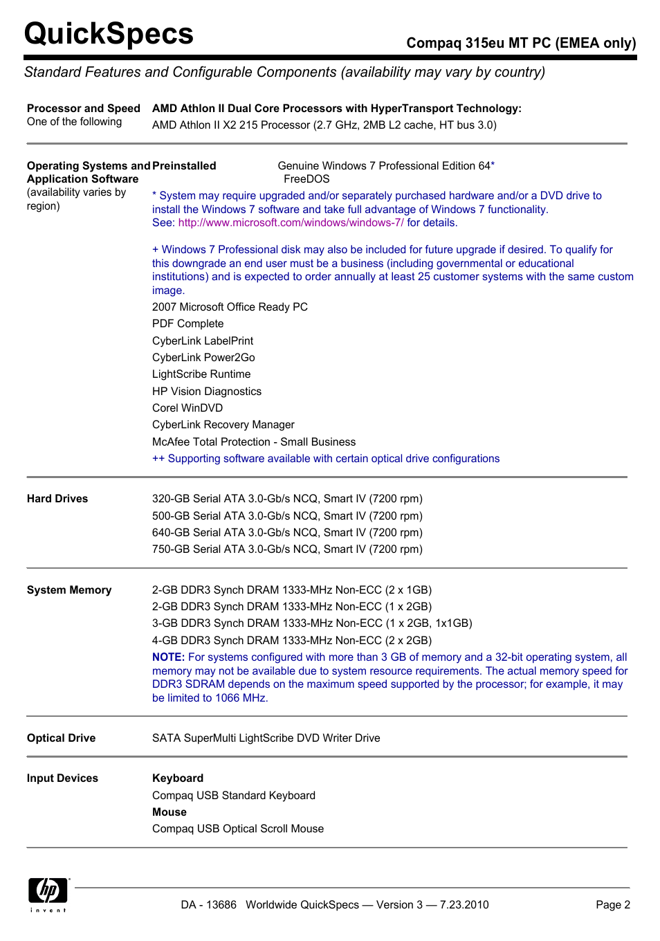 Quickspecs | HP 315EU User Manual | Page 2 / 20