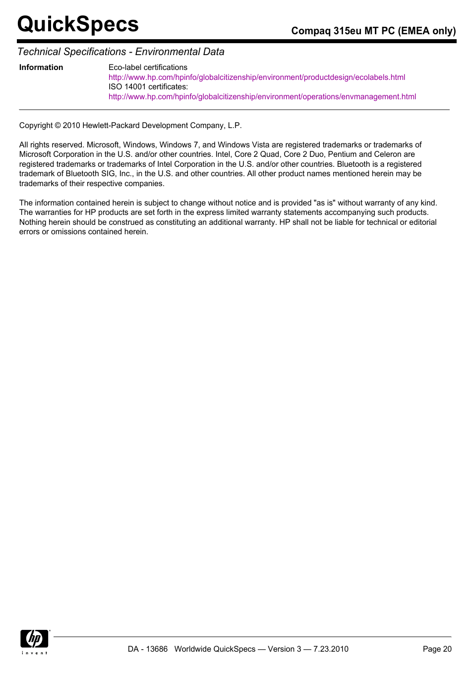 Quickspecs | HP 315EU User Manual | Page 20 / 20