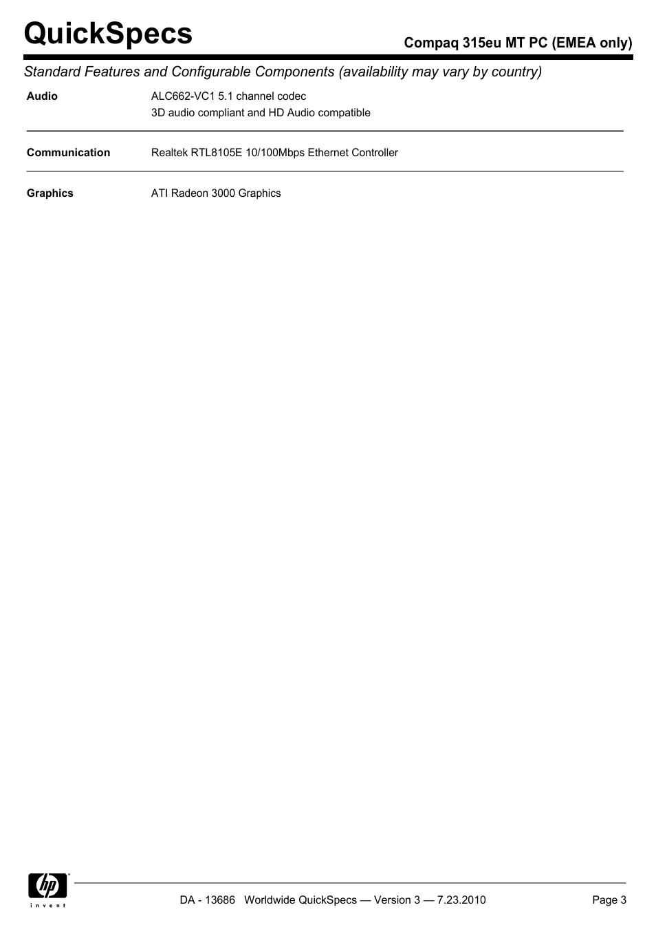 Quickspecs | HP 315EU User Manual | Page 3 / 20