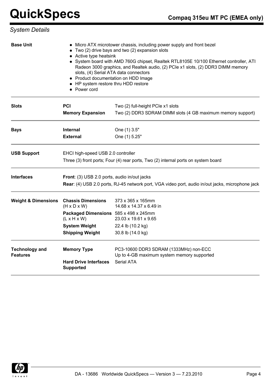 System details, Quickspecs, Compaq 315eu mt pc (emea only) system details | HP 315EU User Manual | Page 4 / 20
