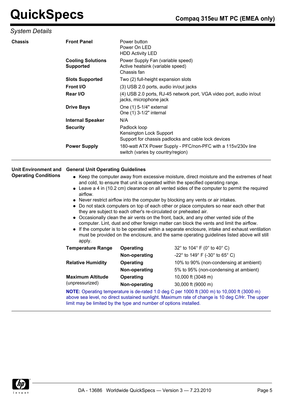 Quickspecs, Compaq 315eu mt pc (emea only) system details | HP 315EU User Manual | Page 5 / 20