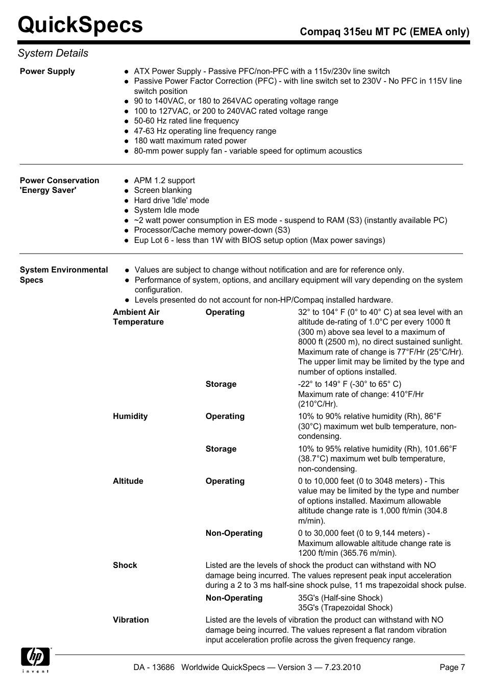 Quickspecs, Compaq 315eu mt pc (emea only) system details | HP 315EU User Manual | Page 7 / 20