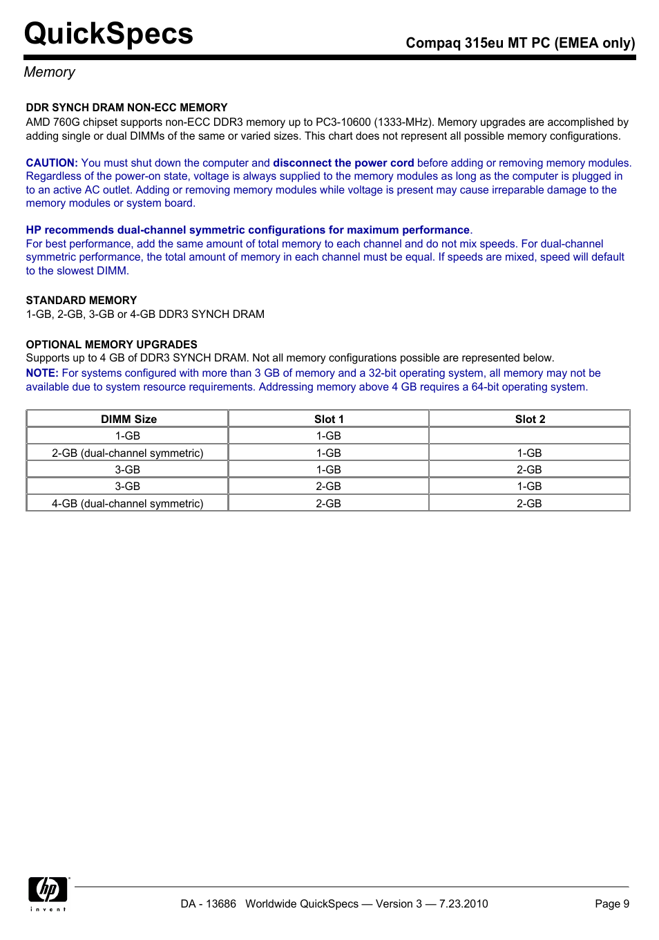 Memory, Quickspecs | HP 315EU User Manual | Page 9 / 20