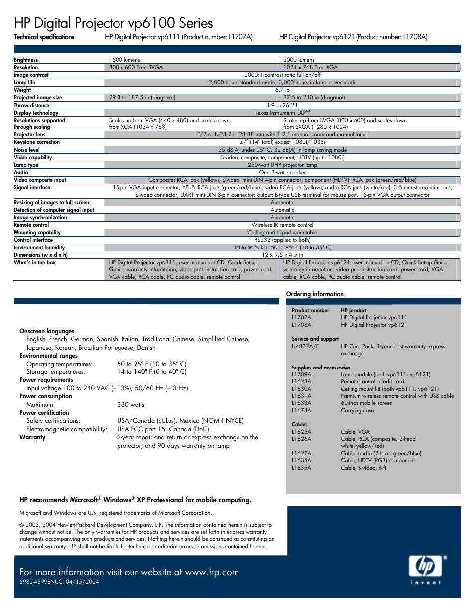 Hp digital projector vp6100 series | HP VP6100 User Manual | Page 4 / 4