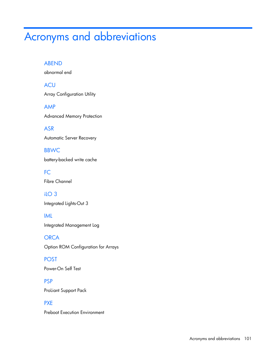 Acronyms and abbreviations | HP BL460C G7 User Manual | Page 101 / 106
