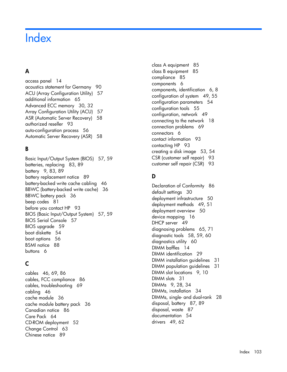 Index | HP BL460C G7 User Manual | Page 103 / 106