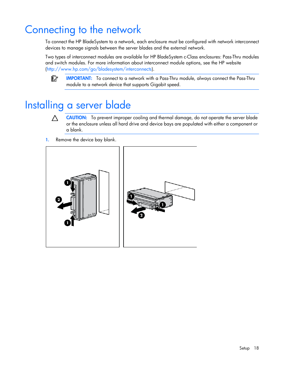 Connecting to the network, Installing a server blade | HP BL460C G7 User Manual | Page 18 / 106