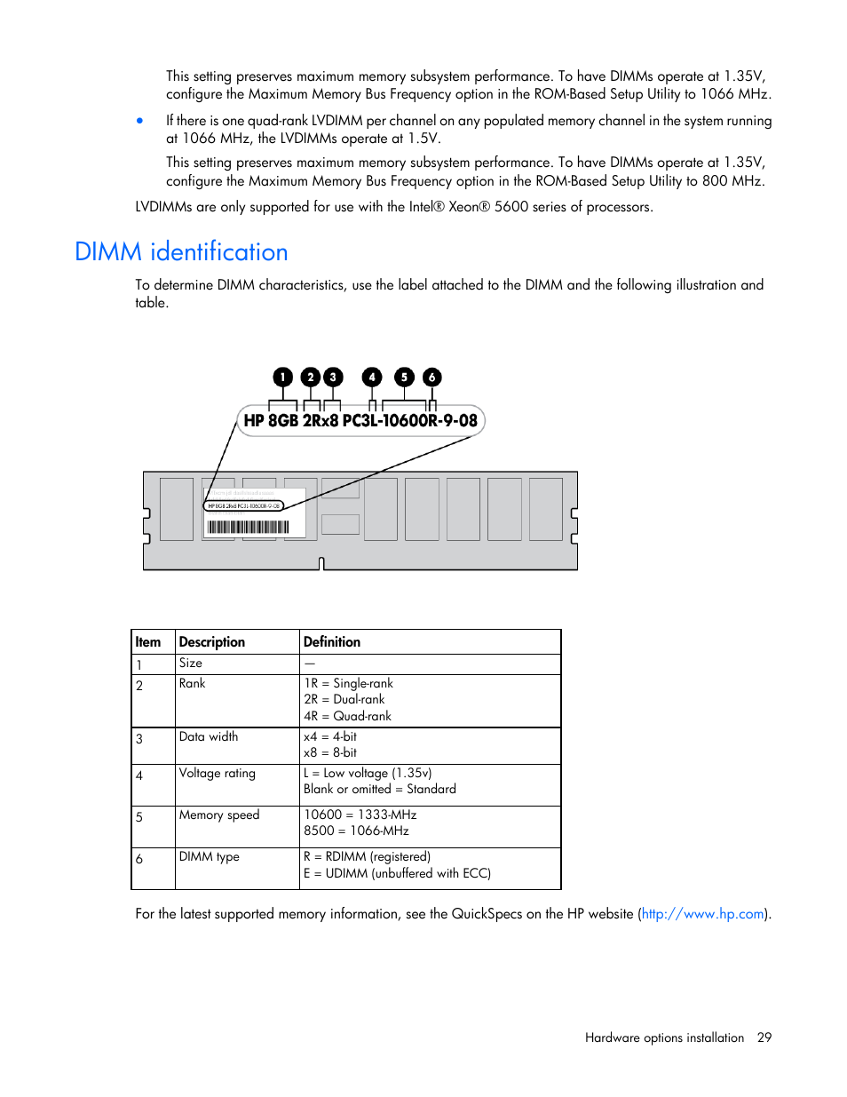 Dimm identification | HP BL460C G7 User Manual | Page 29 / 106