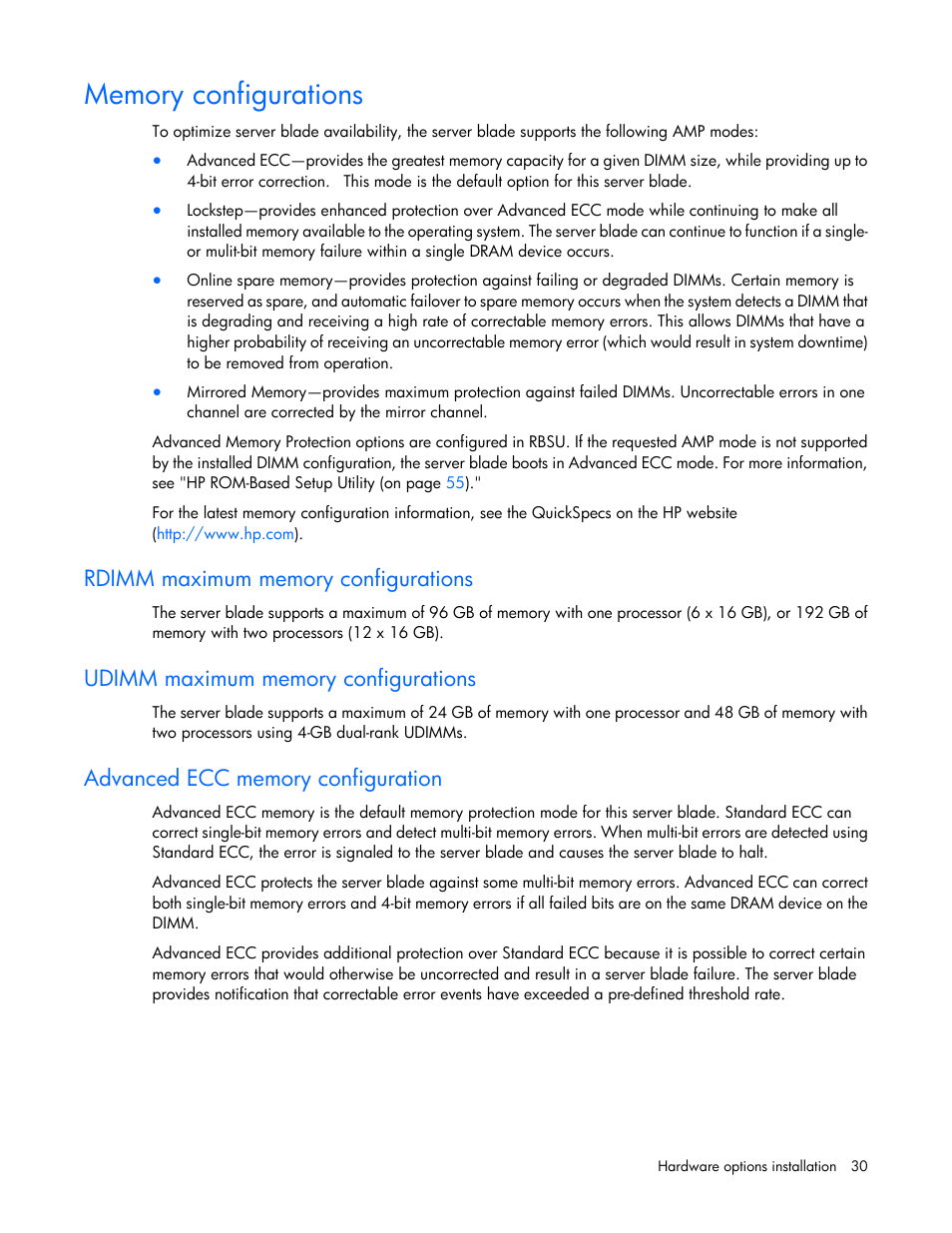 Memory configurations, Rdimm maximum memory configurations, Udimm maximum memory configurations | Advanced ecc memory configuration | HP BL460C G7 User Manual | Page 30 / 106