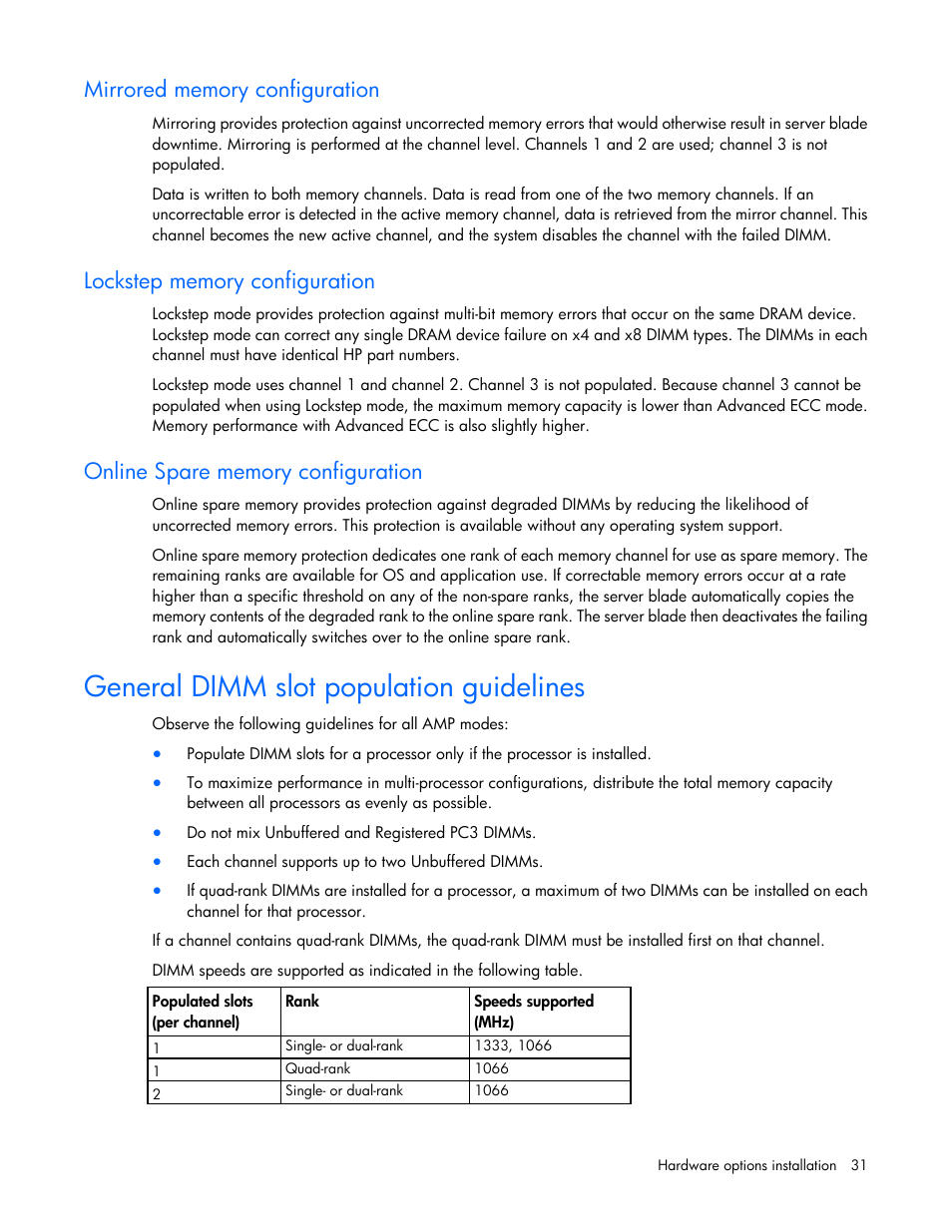 Mirrored memory configuration, Lockstep memory configuration, Online spare memory configuration | General dimm slot population guidelines | HP BL460C G7 User Manual | Page 31 / 106