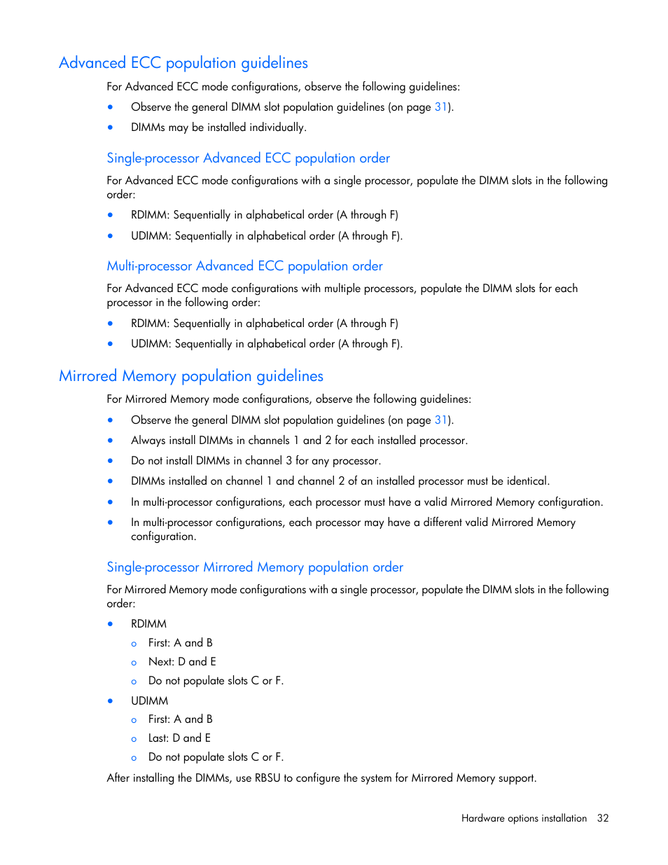 Advanced ecc population guidelines, Single-processor advanced ecc population order, Multi-processor advanced ecc population order | Mirrored memory population guidelines, Single-processor mirrored memory population order | HP BL460C G7 User Manual | Page 32 / 106