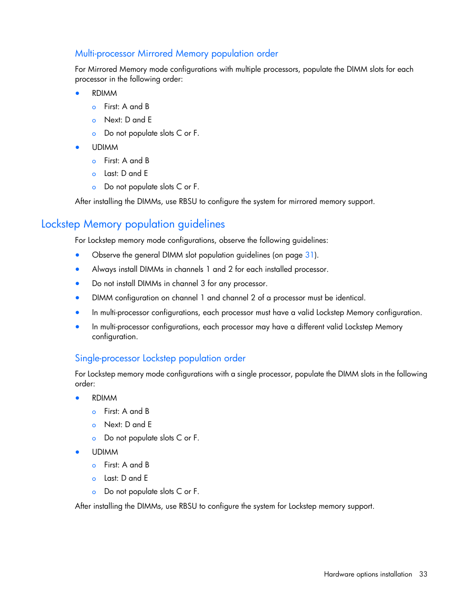 Multi-processor mirrored memory population order, Lockstep memory population guidelines, Single-processor lockstep population order | HP BL460C G7 User Manual | Page 33 / 106