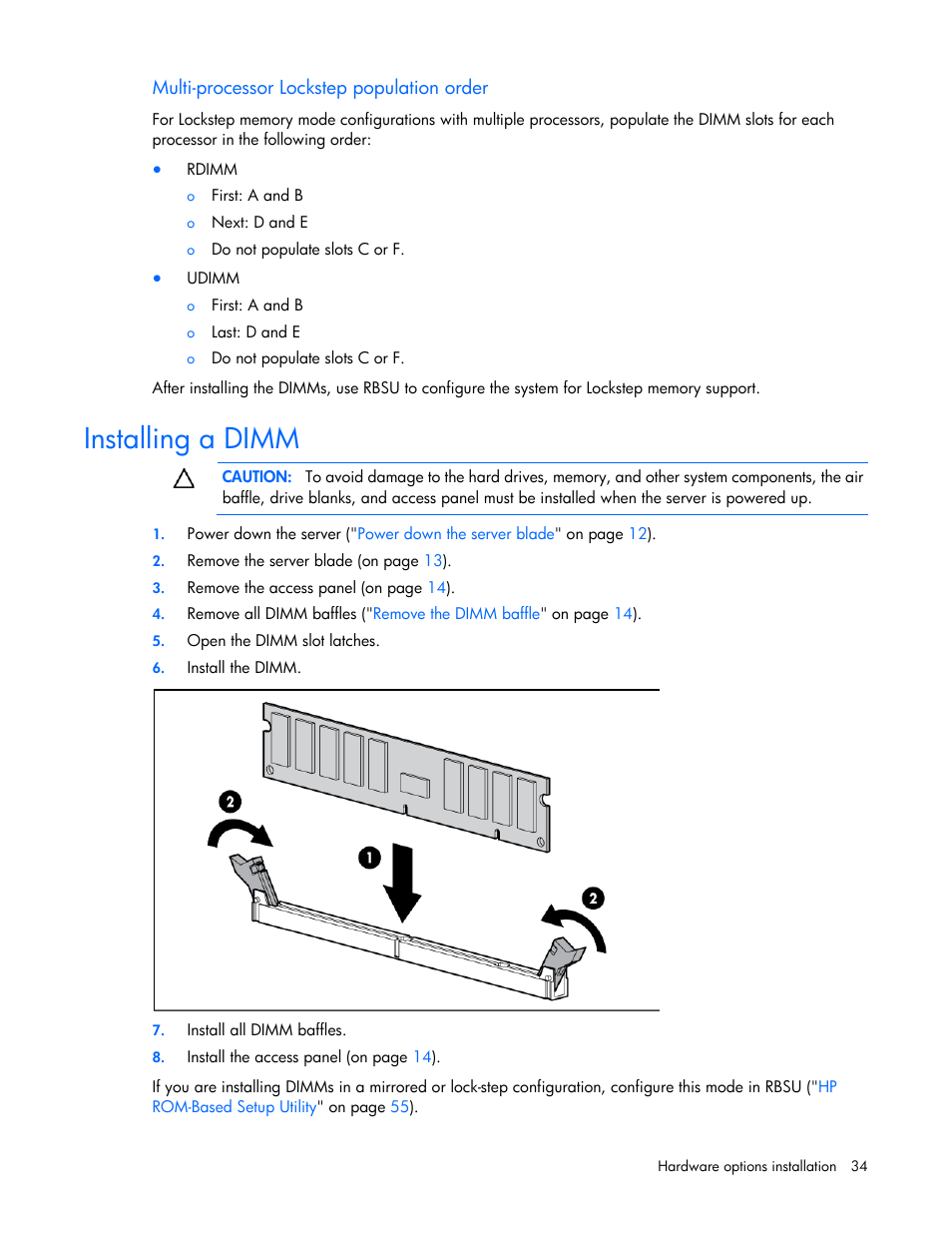 Multi-processor lockstep population order, Installing a dimm | HP BL460C G7 User Manual | Page 34 / 106