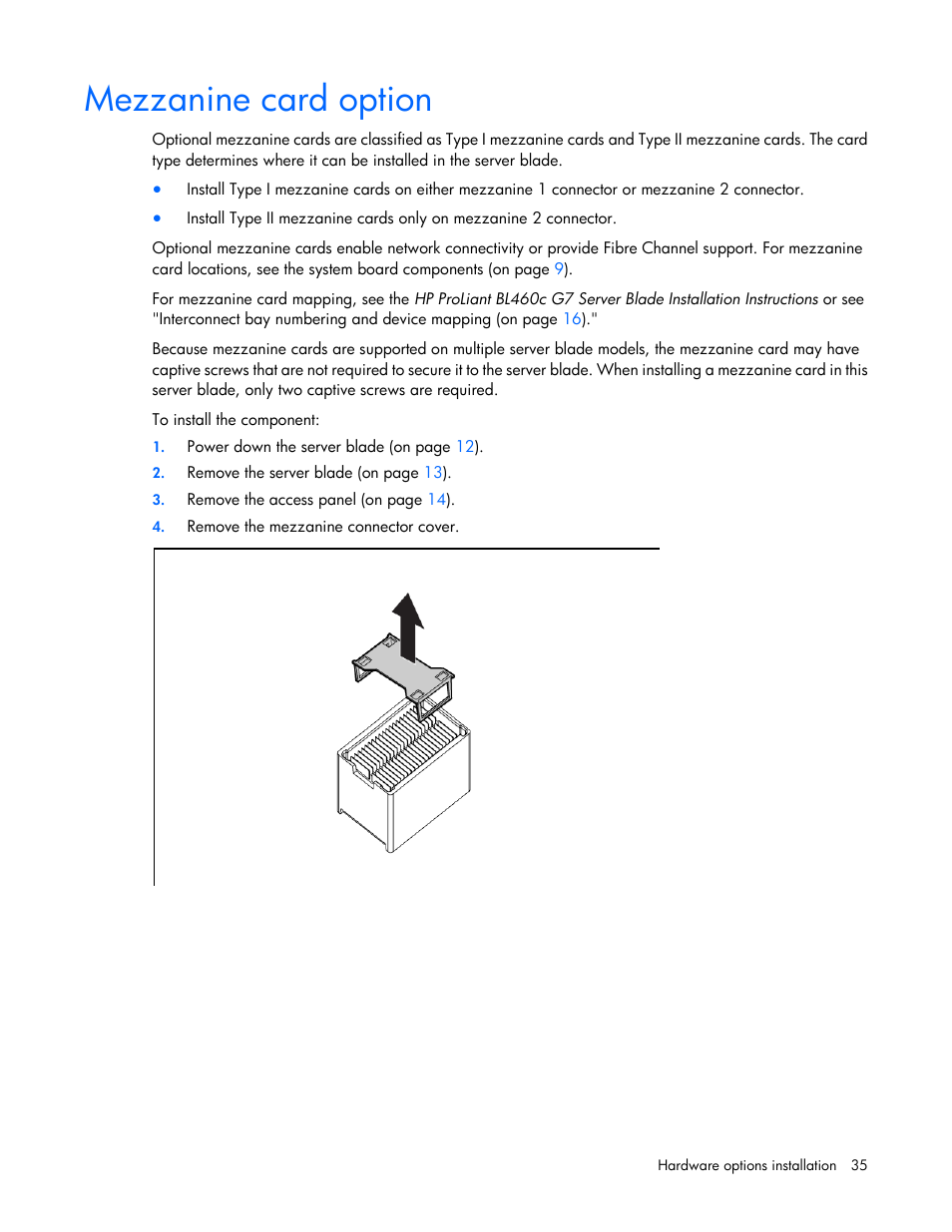 Mezzanine card option | HP BL460C G7 User Manual | Page 35 / 106