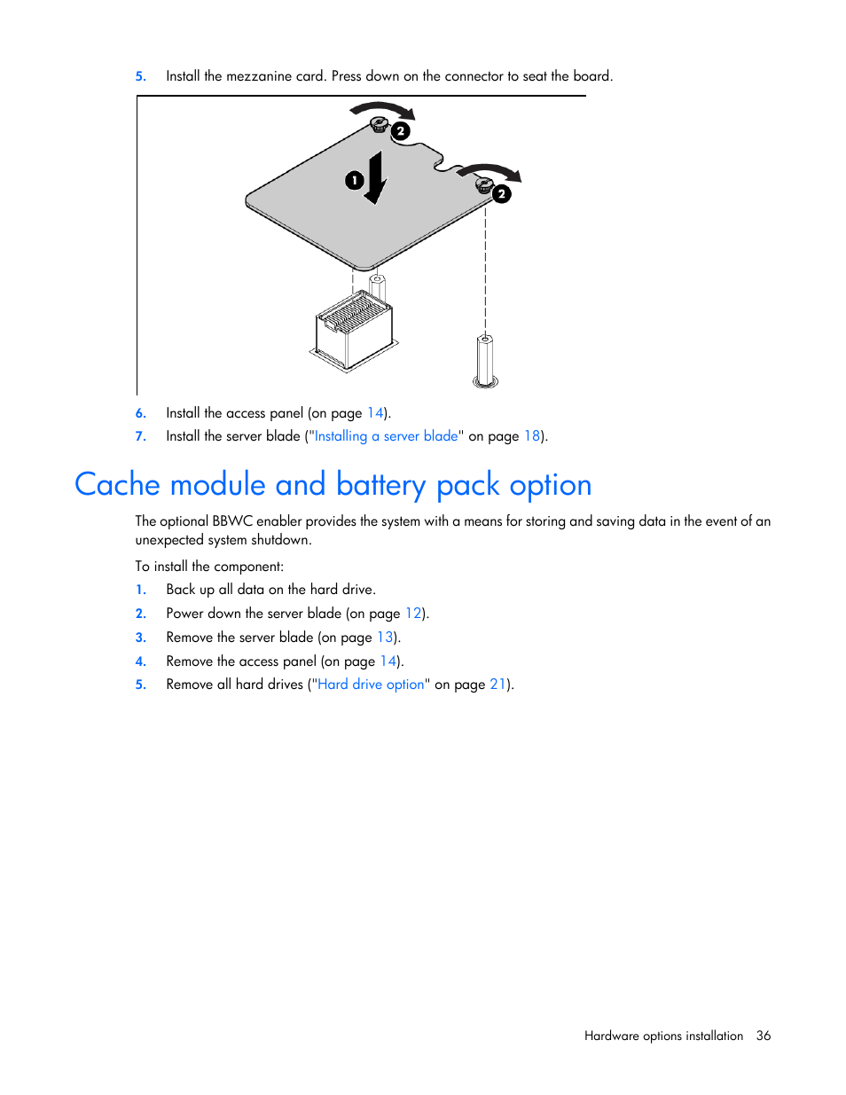 Cache module and battery pack option | HP BL460C G7 User Manual | Page 36 / 106