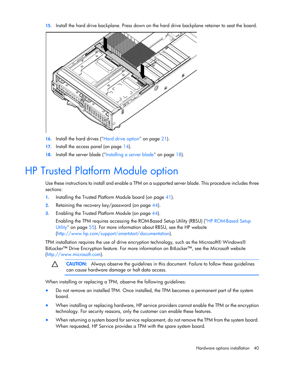 Hp trusted platform module option | HP BL460C G7 User Manual | Page 40 / 106