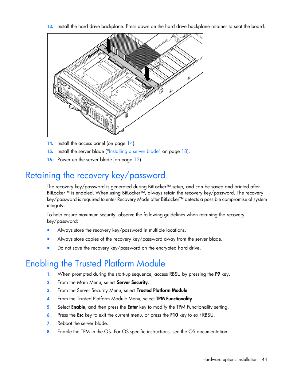 Retaining the recovery key/password, Enabling the trusted platform module | HP BL460C G7 User Manual | Page 44 / 106