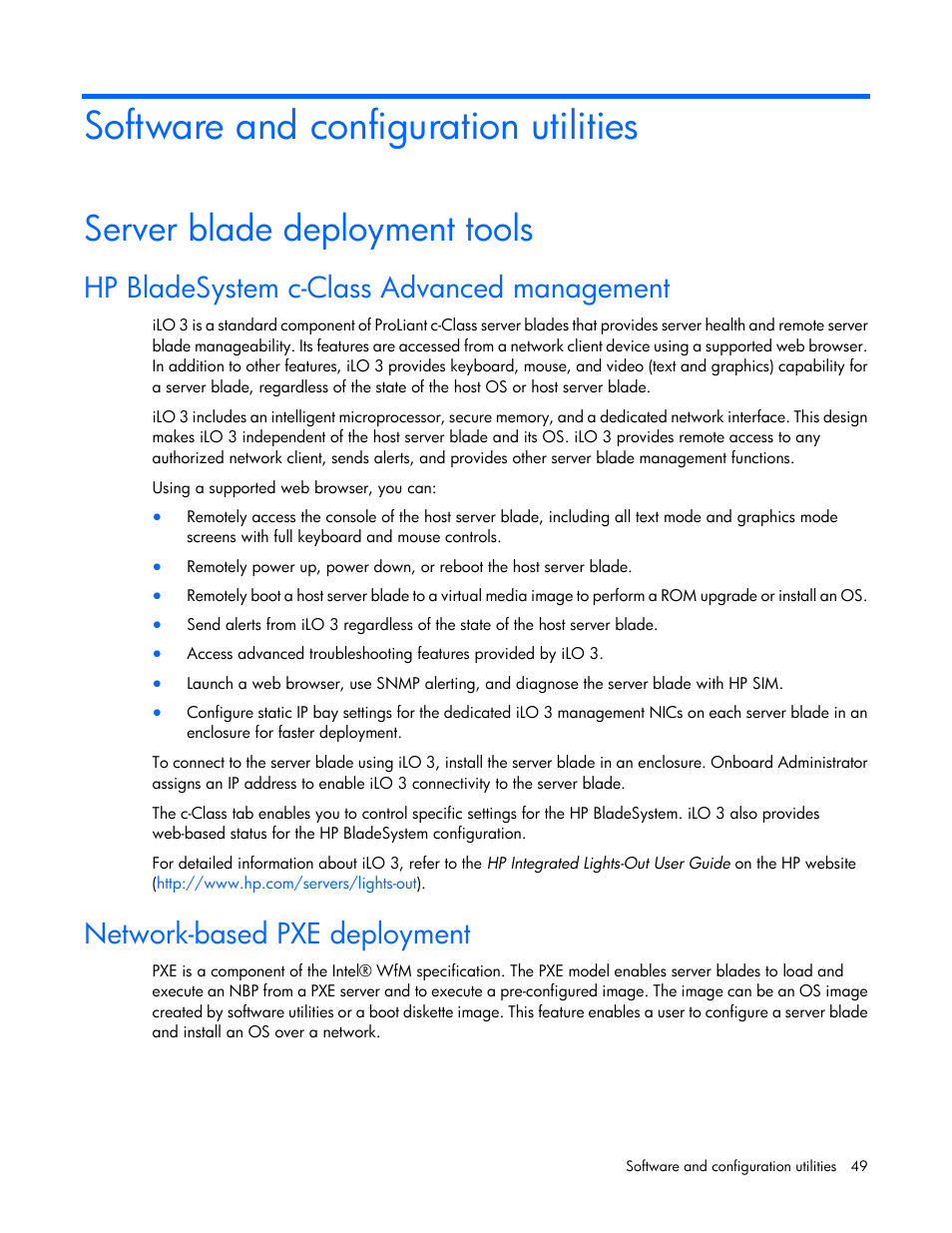 Software and configuration utilities, Server blade deployment tools, Hp bladesystem c-class advanced management | Network-based pxe deployment | HP BL460C G7 User Manual | Page 49 / 106