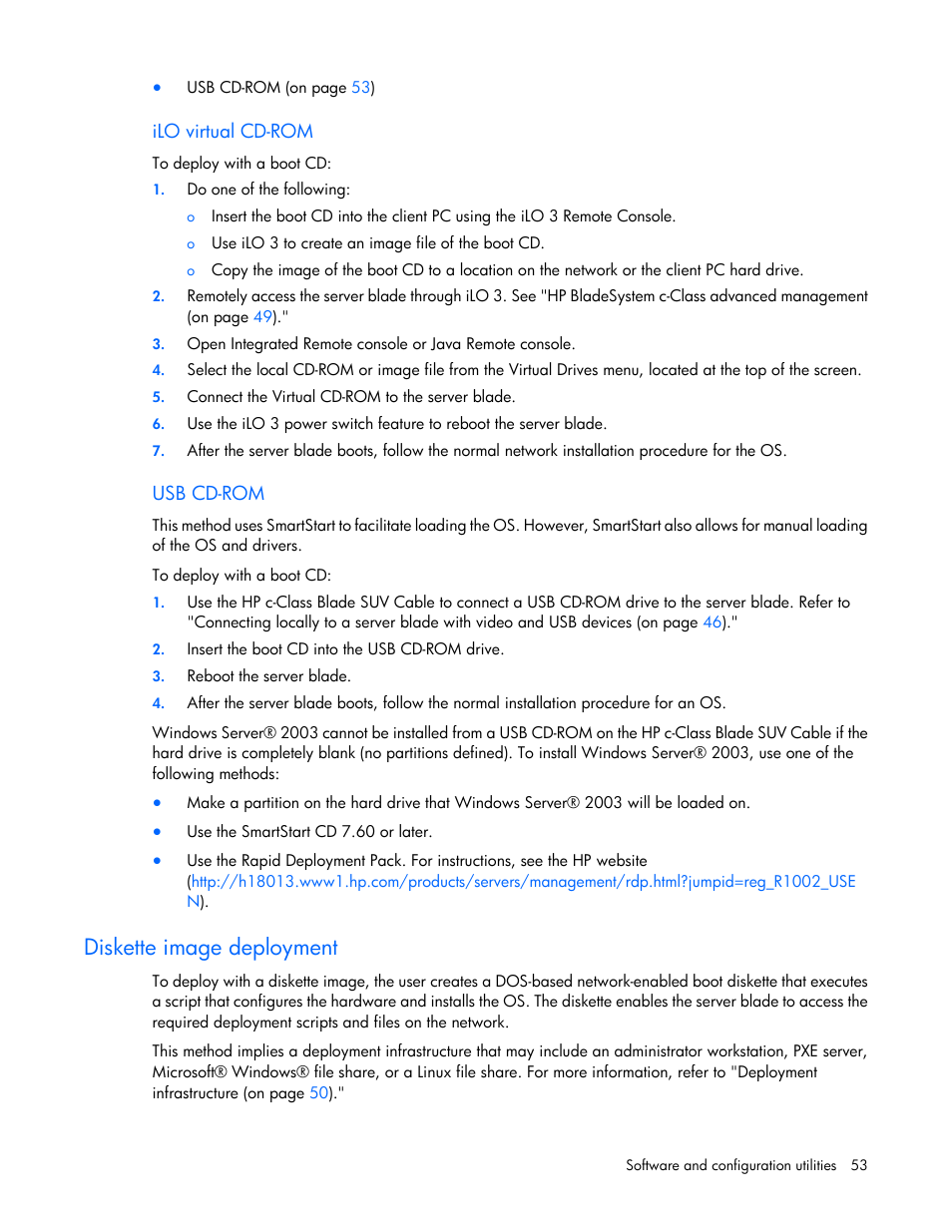 Ilo virtual cd-rom, Usb cd-rom, Diskette image deployment | HP BL460C G7 User Manual | Page 53 / 106