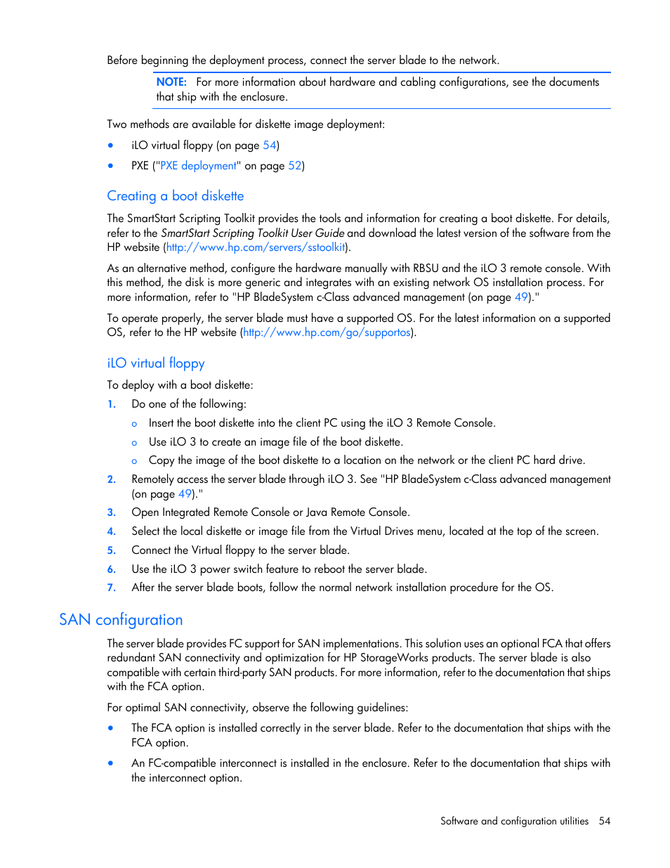 Creating a boot diskette, Ilo virtual floppy, San configuration | HP BL460C G7 User Manual | Page 54 / 106