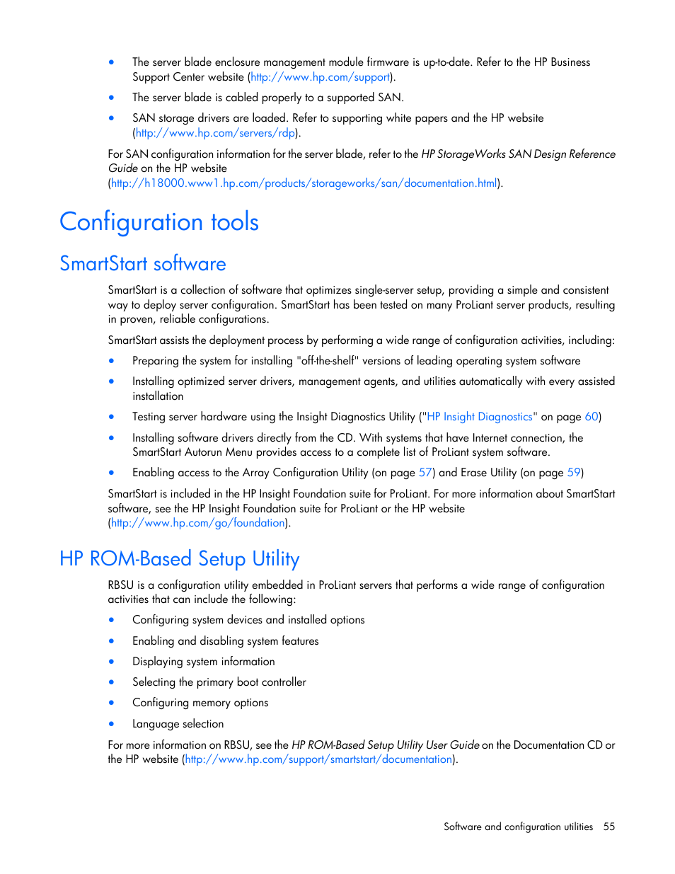 Configuration tools, Smartstart software, Hp rom-based setup utility | Rom-based setup utility, Hp rom-based setup, Utility | HP BL460C G7 User Manual | Page 55 / 106