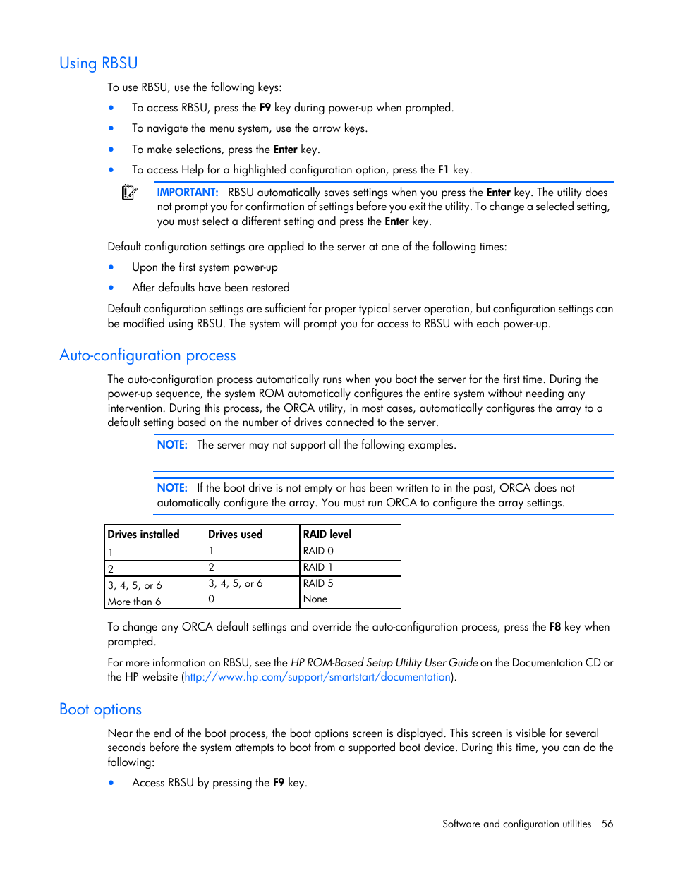 Using rbsu, Auto-configuration process, Boot options | HP BL460C G7 User Manual | Page 56 / 106