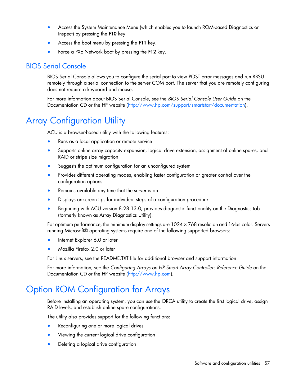 Bios serial console, Array configuration utility, Option rom configuration for arrays | HP BL460C G7 User Manual | Page 57 / 106