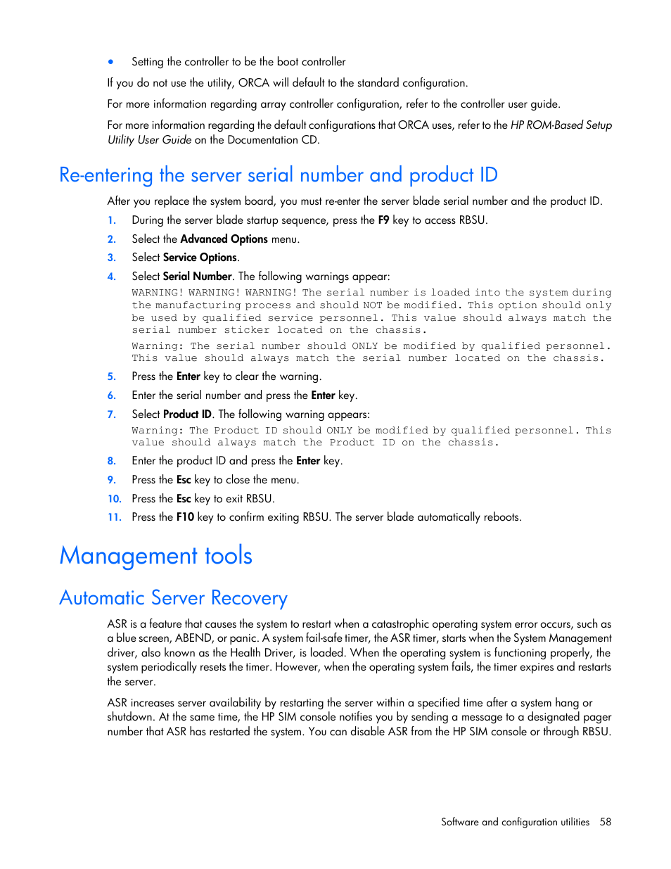 Management tools, Automatic server recovery | HP BL460C G7 User Manual | Page 58 / 106
