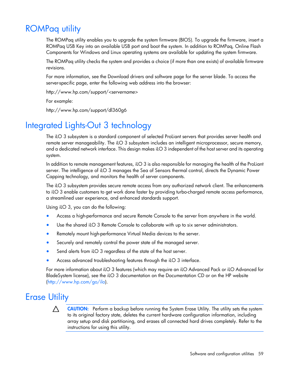 Rompaq utility, Integrated lights-out 3 technology, Erase utility | HP BL460C G7 User Manual | Page 59 / 106