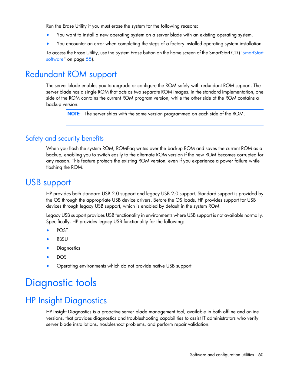 Redundant rom support, Safety and security benefits, Usb support | Diagnostic tools, Hp insight diagnostics | HP BL460C G7 User Manual | Page 60 / 106