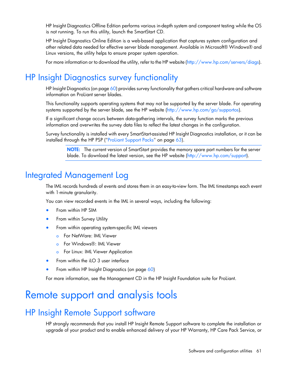 Hp insight diagnostics survey functionality, Integrated management log, Remote support and analysis tools | Hp insight remote support software | HP BL460C G7 User Manual | Page 61 / 106