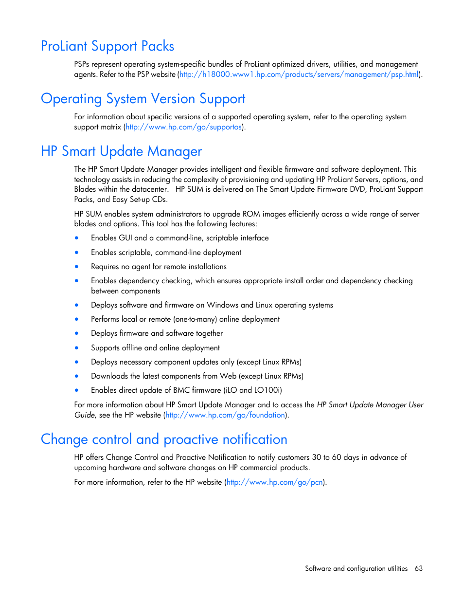 Proliant support packs, Operating system version support, Hp smart update manager | Change control and proactive notification | HP BL460C G7 User Manual | Page 63 / 106