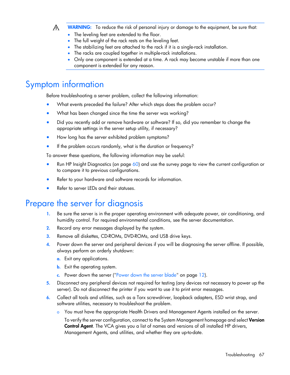 Symptom information, Prepare the server for diagnosis | HP BL460C G7 User Manual | Page 67 / 106