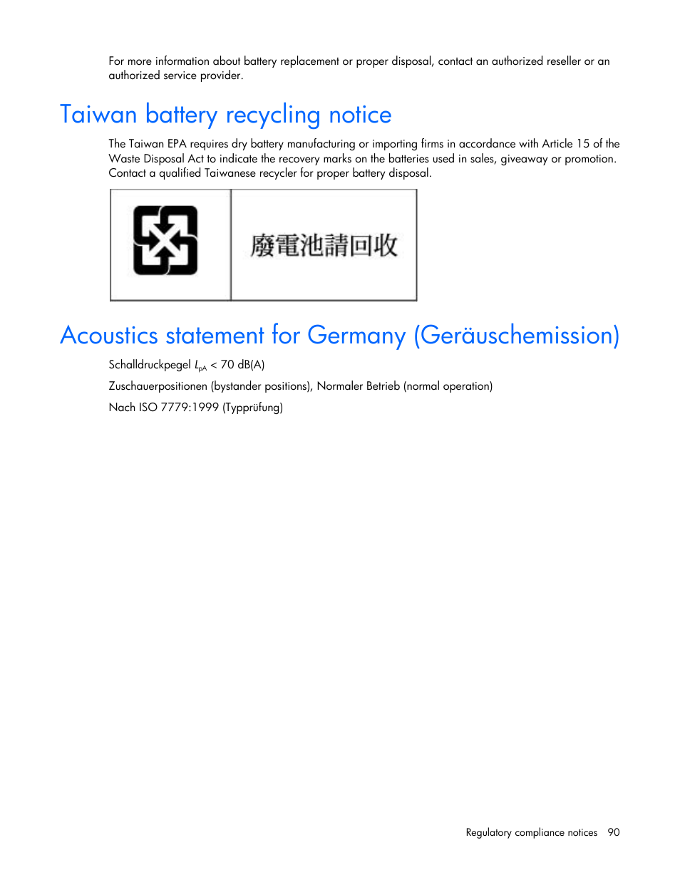 Taiwan battery recycling notice, Acoustics statement for germany (geräuschemission) | HP BL460C G7 User Manual | Page 90 / 106