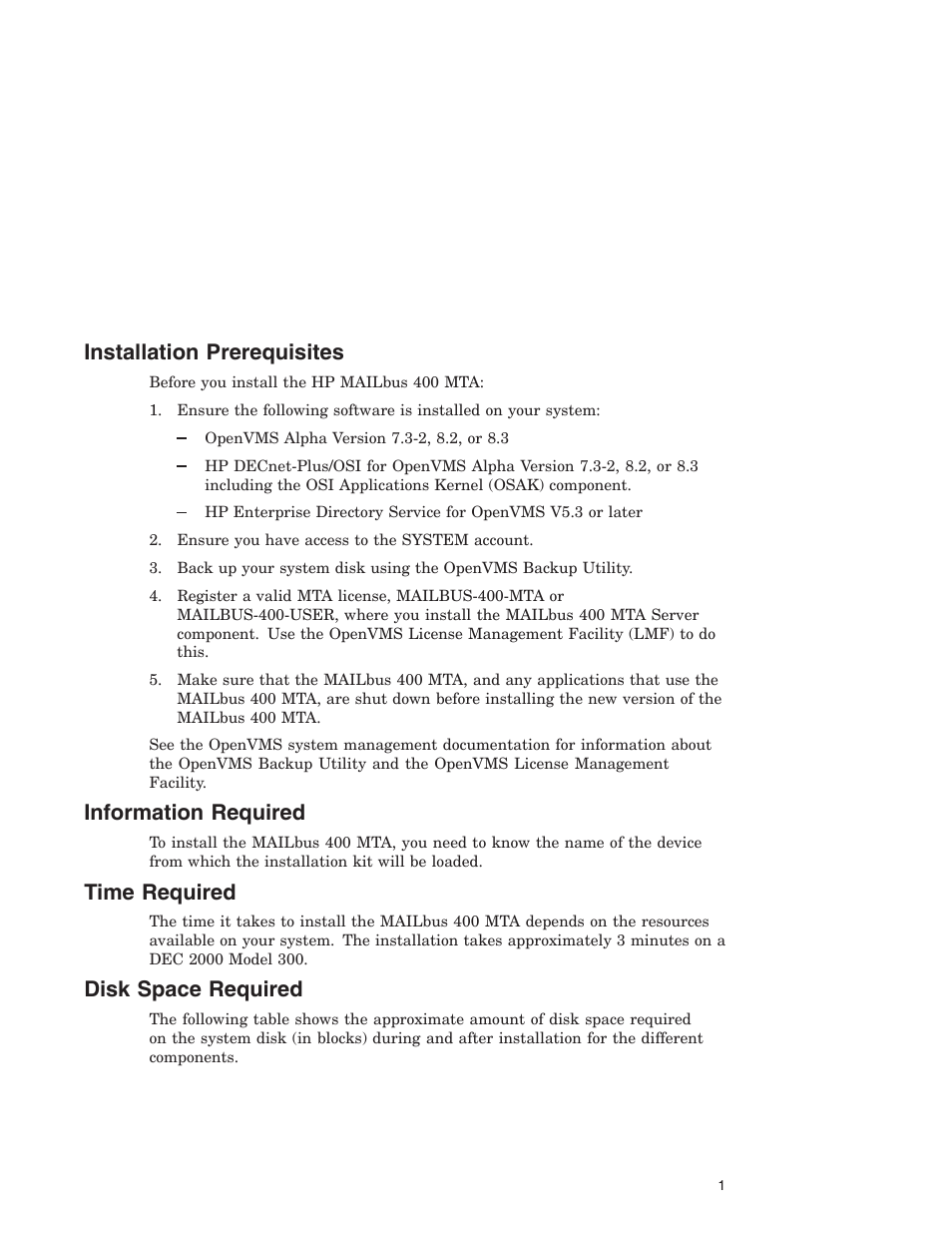 Installation prerequisites, Information required, Time required | Disk space required | HP MAILBUS 400 User Manual | Page 3 / 6