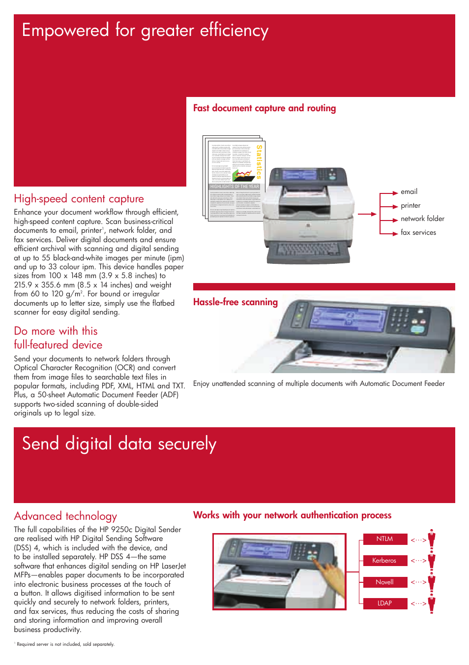 Empowered for greater efficiency, Send digital data securely, High-speed content capture | Do more with this full-featured device, Advanced technology, Email printer network folder fax services, Kerberos novell ldap ntlm | HP 9250C User Manual | Page 4 / 8
