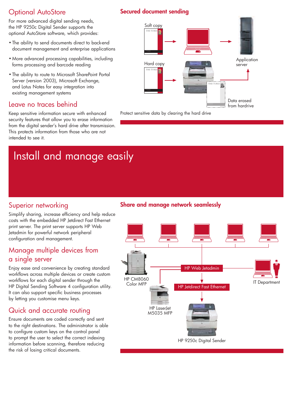 Install and manage easily, Optional autostore, Leave no traces behind | Superior networking, Manage multiple devices from a single server, Quick and accurate routing | HP 9250C User Manual | Page 5 / 8