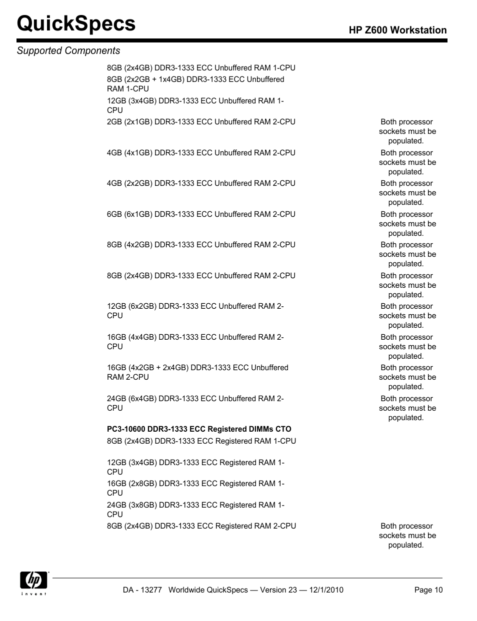 Quickspecs, Hp z600 workstation supported components | HP Z600 User Manual | Page 10 / 78