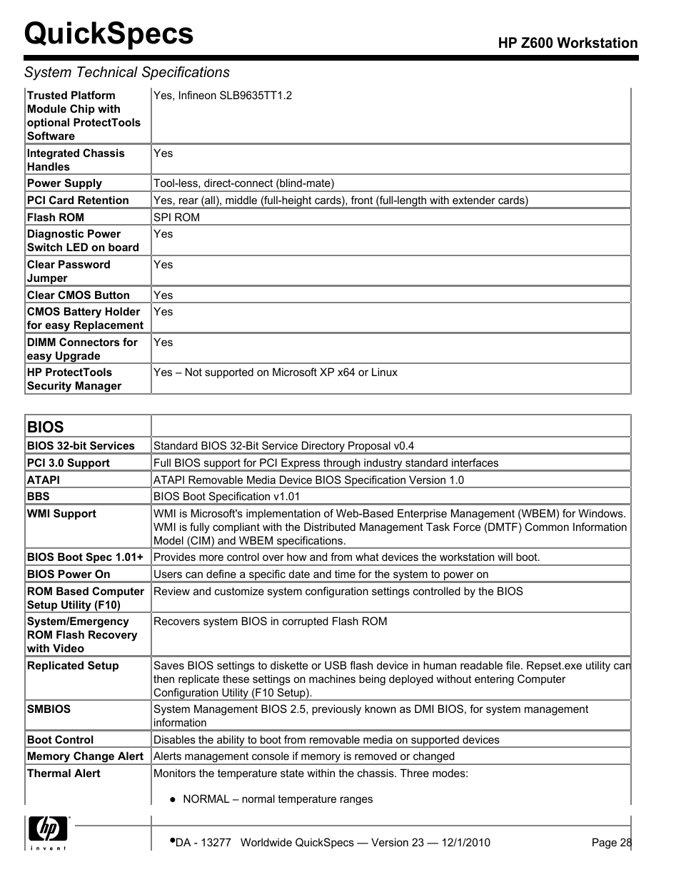 Quickspecs, Bios | HP Z600 User Manual | Page 28 / 78