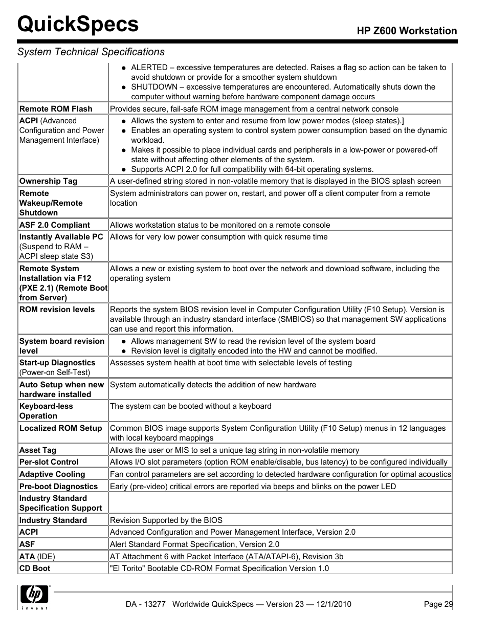 Quickspecs | HP Z600 User Manual | Page 29 / 78